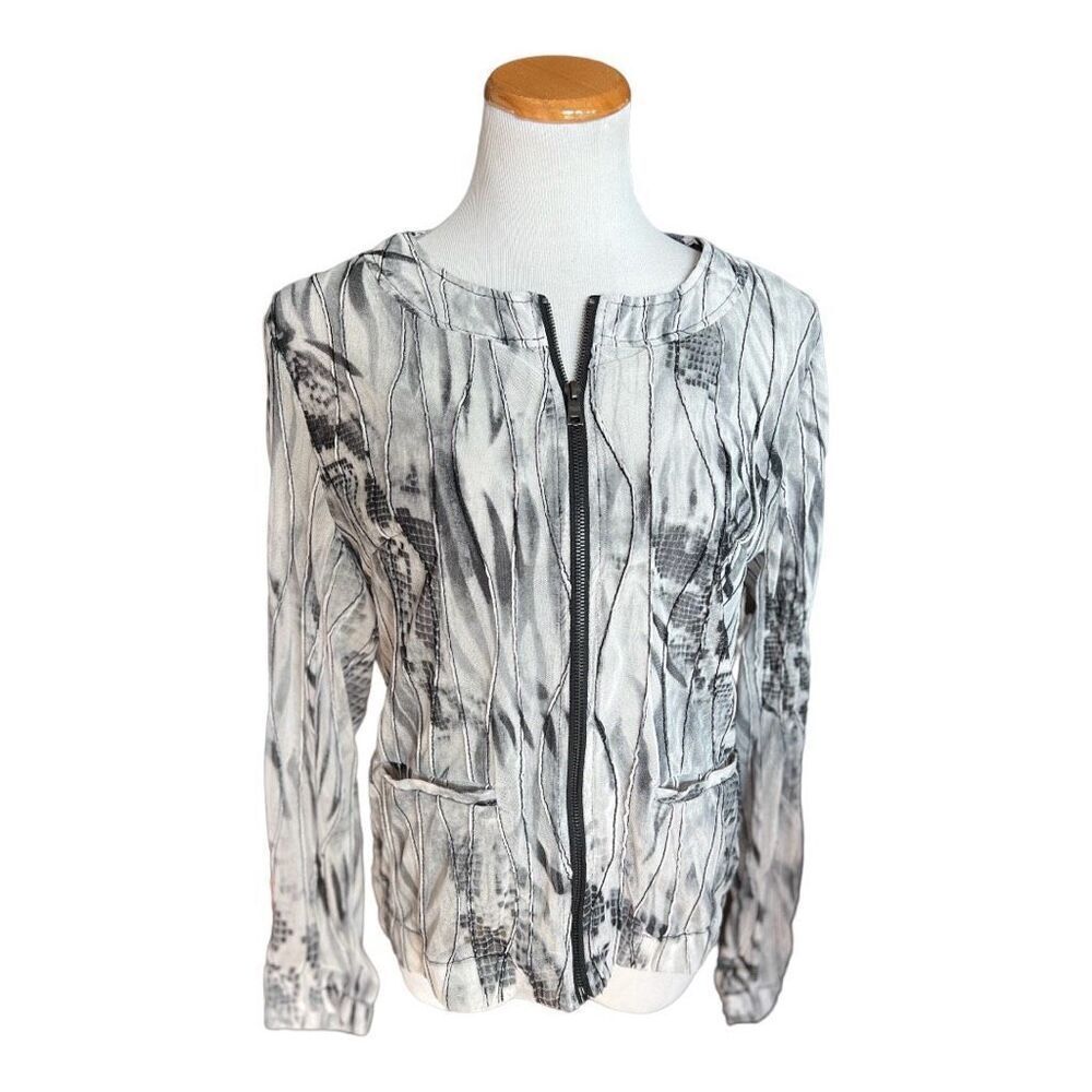 Womens Peck & Peck Marble & Snake Print Semi Sheer Moto Jacket - Sz M